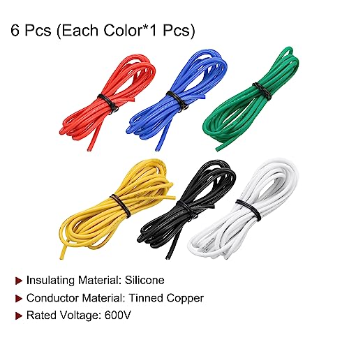 MECCANIXITY 14 Gauge Wire Silicone Wire 14AWG Electrical Wire Stranded Wire Tinned Copper Wire High Temp Hookup Wire 6 Color 3.0m/10ft for Car Model Electric Appliances 6pcs - size: 14AWG, 10ft