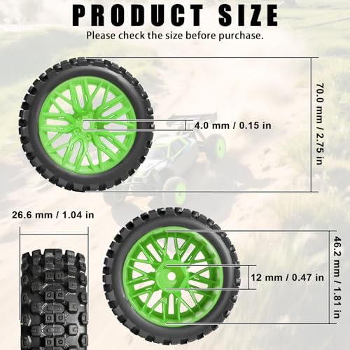 4PCS Pre-Glued RC Crawler Car Rubber Tires and Plastic Wheels Set, 70mm*26mm Tires and Rims with 12mm Hex Fits for ARRMA 1/14 1/16 1/18 Granite/Typhon Grom RC On/Off Road Crawler Truck Car (Green) - color: Green