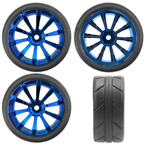 ShareGoo OD 2.55" Rubber Tires w/Plastic Wheel Rims 12mm Hex Compatible with HSP Tamiya Kyosho Traxxas Sakura WLtoys 1/10 RC On Road Racing Touring Car (Blue) - color: Blue