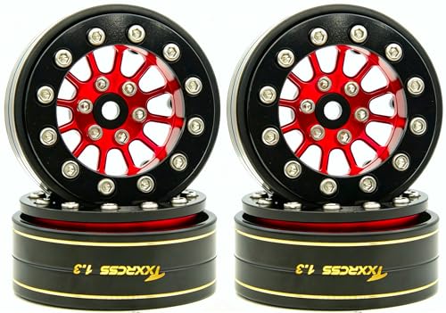 1.3 Beadlock Wheels & Brass Rim 46.5g Offset-3mm for 1/18 1/24 RC TF (Red Black) - color: Red Black