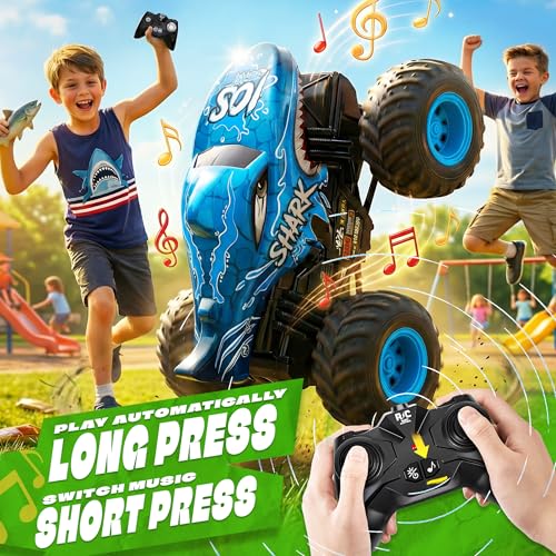 BEZGAR Monster Truck Toys, 1:20 Remote Control Car with Light & Music | Blue Dinosaur Toys for Kids, RC Truck with 360° Spins and Drifting, Toy Car Gifts for Boys, Battery Life of 20 Minutes - color: Blue Shark