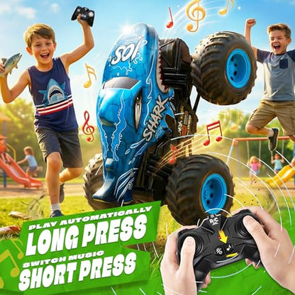 BEZGAR Monster Truck Toys, 1:20 Remote Control Car with Light & Music | Blue Dinosaur Toys for Kids, RC Truck with 360° Spins and Drifting, Toy Car Gifts for Boys, Battery Life of 20 Minutes - color: Blue Shark