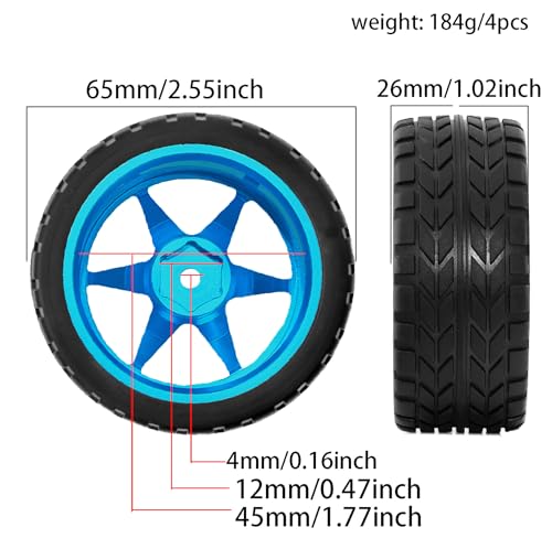 1/10 RC On Road Tires OD 2.55'' and Aluminium Street Wheels 4PCS 12mm Hex Touring Tyres for 1:10 Rally Racing Drift Car Tamiya TT01 TT02 XV01 HPI KYOSHO HSP PTG2 Traxxas TA06 A959 (Blue) - color: Blue