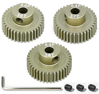 64P Pinion Gear 3.175mm Shaft 7075 Aluminum Alloy Motor Gears,0.6 Metric Pitch 36 37 38T with 1/8 Hole Pinion Gear Compatible with 1/10 Arrma HPI Kyosho Losi Axial Traxxas Tamiya RC Car - size: 36 37 38T
