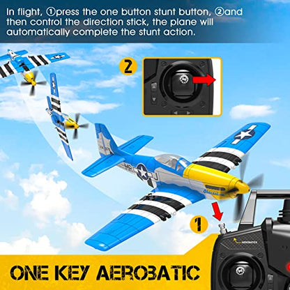 P51 Mustang RC Plane 4-Channel with X-Pilot Stabilization for Adult | 2.4G RTF Remote Control Airplane with 3 Assist Modes & 3D Aerobatics, 3 Batteries, One Key Aerobatics for Beginner(Blue) - color: Blue