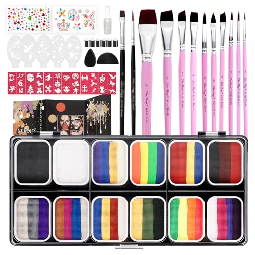 Professional Face Painting Kit for Kids Adults-12*10g Non Toxic Water Activated Face Paint Kit With Brushes,Stencils，Gem Stickers;Halloween,Carnival;Water Based Facepaint Makeup Kit for Kids Party - color: 12 Color Face Paint - 35 Piece Set