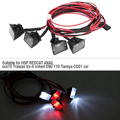 RC Crawler Roof Light Bar 4LED Universal 1/10 Scale | Roof-mounted for scale truck, plastic housing, fits SCX10 TRX-4 D90, red and white beam, 71cm wiring harnes