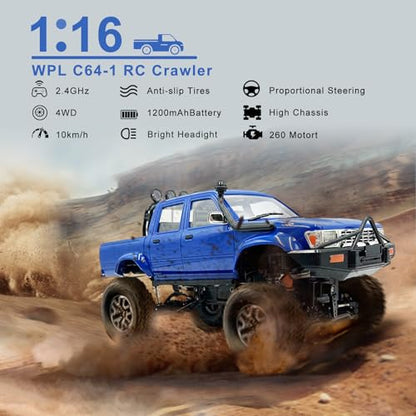 WPL C64-1 1:16 4WD RC Rock Crawler with 3 Batteries Blue | RTR off-road truck with upgraded gearbox & 260 motor for adult RC hobby - color: C64-1-blue