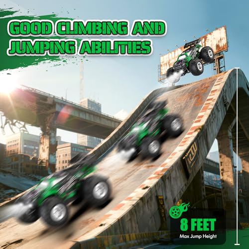 All-Terrain Remote Control Car for Boys 8-12 Headlight (Green) | Monster Remote Control Truck Rechargeable, 2 Motors 10KM/H 2.4GHZ Speed-friendly, Sturdy RC Cars for Christmas Beginner Kids - color: Green