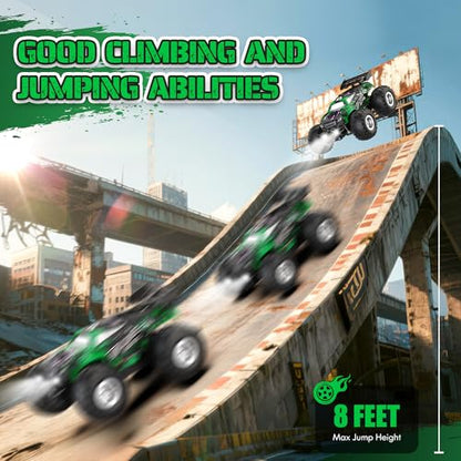 All-Terrain Remote Control Car for Boys 8-12 Headlight (Green) | Monster Remote Control Truck Rechargeable, 2 Motors 10KM/H 2.4GHZ Speed-friendly, Sturdy RC Cars for Christmas Beginner Kids - color: Green