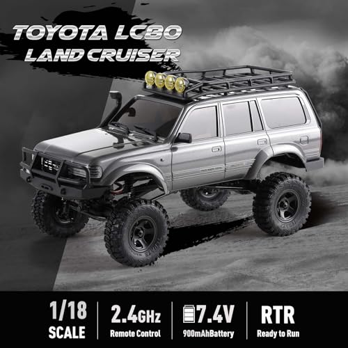 FMS FCX18S 1/18 Land Cruiser LC80 S Toyota RC Rock Crawler RTR 4x4 Off-Road Waterproof RC Trucks All Terrains RC Car with 45min Play time,Portal Axles,LED Lights for Adults and Beginner(Gray) - color: Gray
