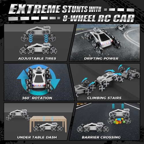 8 Wheel RC Stunt Car with Gesture Control, Spray & LED Lights, Gesture Sensing Remote Control Cars for Boys Age 6 7 8-12 13 14 Year Old, Christmas Birthday Gifts Ideas for Kids - color: Grey