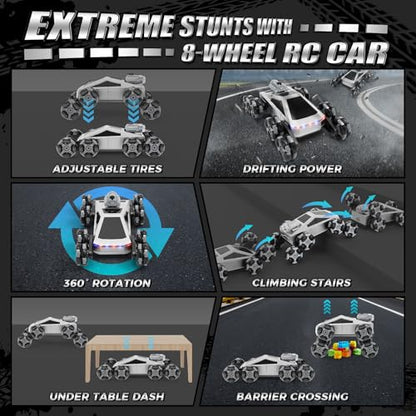 8 Wheel RC Stunt Car with Gesture Control, Spray & LED Lights, Gesture Sensing Remote Control Cars for Boys Age 6 7 8-12 13 14 Year Old, Christmas Birthday Gifts Ideas for Kids - color: Grey