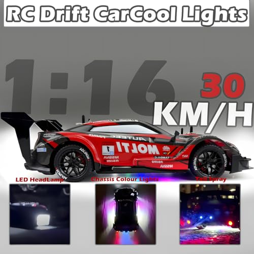 HTURCCOP 1:16 RC Drift Car 2.4GHz Spray 4WD LED Lights 30+KM/H High Speed Remote Control Car 2 Batteries 60Min Infinitely Variable Speed Drift Car Toys for Adults and Kids(Red) - color: Red 1:16