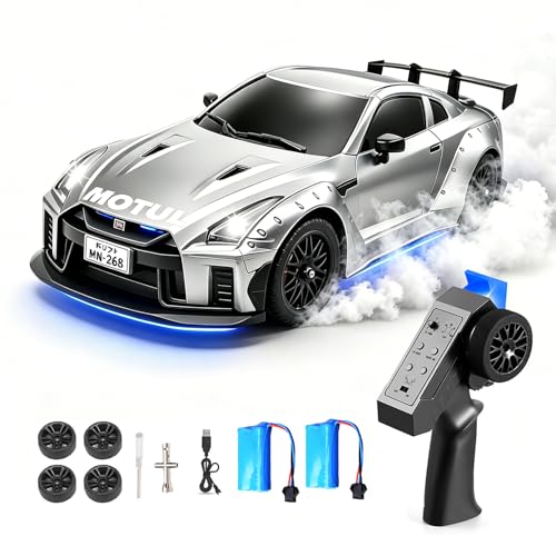 MN-268 RC Drift Car, 1:16 Scale High Speed 20 KPH Racing Drift Car with Gyro, LED Lights and Drift Tires, 2.4G Hobby RC Cars Gift for Adults and Teens (Silver) - color: Silver, size: 2 Batteries