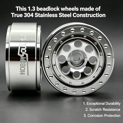 Stainless Steel 1.3 Beadlock Wheels 64g/Rim Fits TRX4M SCX24 | 4-Pack, adjustable offset 304 stainless steel silver rims & 7mm hex hub, upgrade parts for 1/18 & 1/24 micro RC crawler - color: Silver