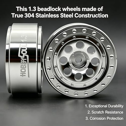 Stainless Steel 1.3 Beadlock Wheels 64g/Rim Fits TRX4M SCX24 | 4-Pack, adjustable offset 304 stainless steel silver rims & 7mm hex hub, upgrade parts for 1/18 & 1/24 micro RC crawler - color: Silver