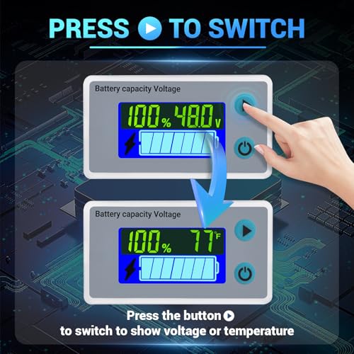 DROK 48v Golf Cart Battery Meter, 10-100v Digital Volt Meter Battery Capacity Tester Temperature Gauge, Grey, 60cm Cable - color: Grey, size: 48V/60cm Wire