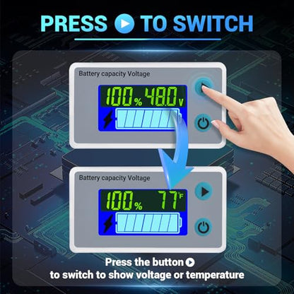 DROK 48v Golf Cart Battery Meter, 10-100v Digital Volt Meter Battery Capacity Tester Temperature Gauge, Grey, 60cm Cable - color: Grey, size: 48V/60cm Wire