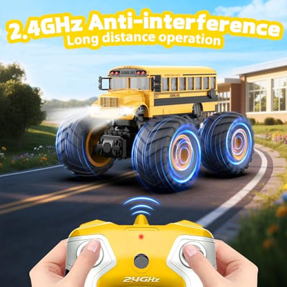 1/28 Gesture Sensing RC Stunt Car for 6-12+ Boys Girls, Seven Light Modes Cool RC Cars & 1/18 Remote Control School Bus Toy for Kids, 2.4GHz All Terrain RC Car with LED Lights & Sound