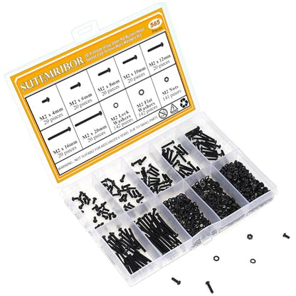565 Pieces M2 Screws Nuts Washers Set Black, Sutemribor M2 x 4/6/8/10/12/16/20mm Button Head Socket Cap Screws Nuts Washers Assortment Kit, 10.9 Grade Alloy Steel, Fully Threaded - size: M2, style: Button Head Socket Cap