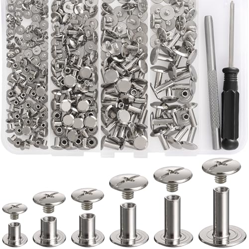 YORANYO 140 Sets Chicago Screws Leather Rivets Kit for Fabric Leather Crafting 6 Sizes Chicago Binding Screws for Decorate and Repair Belt Bag Shoes Purse Pet Collar Clothing Bookbinding (Silver) - color: Silver