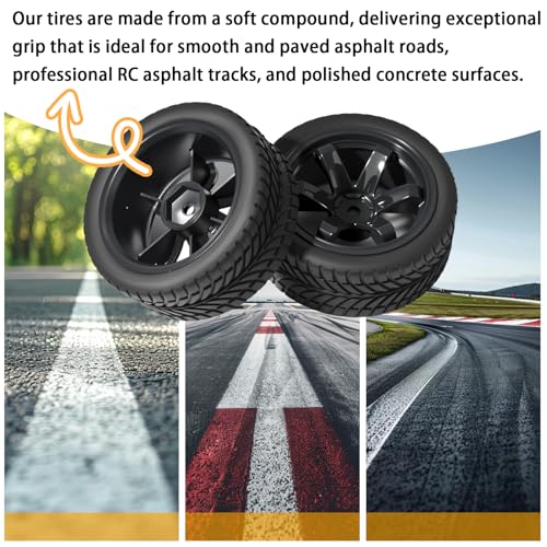 OD 2.55" On Road Rubber Tires Plastic Wheel Rims 12mm Hex for 1/10 RC Car | Compatible with MJX HSP Tamiya HPI Kyosho Traxxas Sakura Redcat WLtoys 1/10 RC On-Road Racing Touring Car (4pcs, Black) - style: G-Black