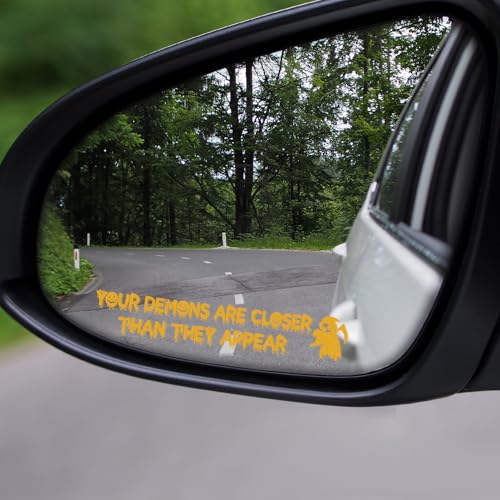 2PCS Funny Halloween Vanity Mirror Stickers, Gothic Car Accessories, Your Demons are Closer Than They Appear Car Mirror Decal, Vinyl Waterproof Bumper Sticker for Truck Window (Yellow) - color: Yellow