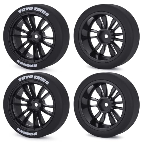 1/10 RC Drift Wheels and Tires Set, 12 Spoke On-Road Touring Car Wheel Tire Combo, 12mm Hex Drift Tires for RC Drift Car, 4PCS (Black) - color: Black