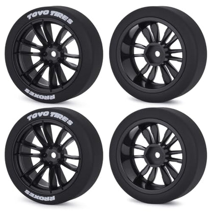 1/10 RC Drift Wheels and Tires Set, 12 Spoke On-Road Touring Car Wheel Tire Combo, 12mm Hex Drift Tires for RC Drift Car, 4PCS (Black) - color: Black