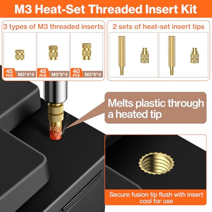 Preciva M3 Threaded Inserts Set, 360Pcs Heat Set Bolts Nuts with M3 Insert Tip and 60W Digital Soldering Iron, for 3D Printer Parts or Plastic Parts - size: M3