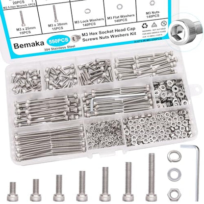 550PCS M3 Screw Kit, M3 x 6/8/12/16/20/25/30mm Hex Socket Head Cap Screws Bolts Nuts Washers Assortment Kit, 304 Stainless Steel Metric Bolts with Hex Wrench - size: SS M3 x 6/8/12/16/20/25/30mm, style: Socket Head