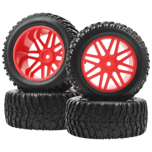 OD 96mm RC Off Road Short Course Truck Tire w/Plastic Rim 12mm Hex Compatible with 1/10 Scale Buggy Car HSP 94170 94155 Wltoys 1/14 144001 124019 RC Car (Red) - color: Red