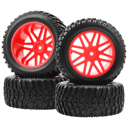 OD 96mm RC Off Road Short Course Truck Tire w/Plastic Rim 12mm Hex Compatible with 1/10 Scale Buggy Car HSP 94170 94155 Wltoys 1/14 144001 124019 RC Car (Red) - color: Red