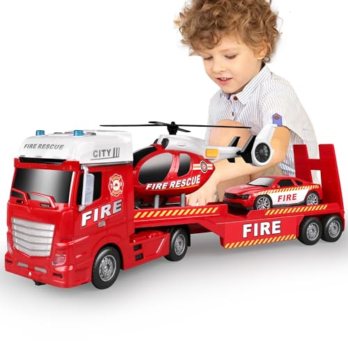 Dwi Dowellin 25.6" Semi Truck Toy with Racing Car and Helicopter for Kids Toddlers - Fire Toys,Birthday Gifts for Boy Toddler Child 2 3 4 5 6 Years Old - style: Fire Truck