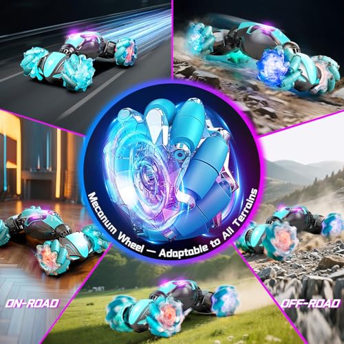 AEROQUEST Blue Gesture Control RC Stunt Car 360° Twists Gift for Kids 6+ | Double-Sided Driving USB Rechargeable Bright LED Effects All-Terrain Performance 2.4GHz Control Durable Twist Design - color: Blue