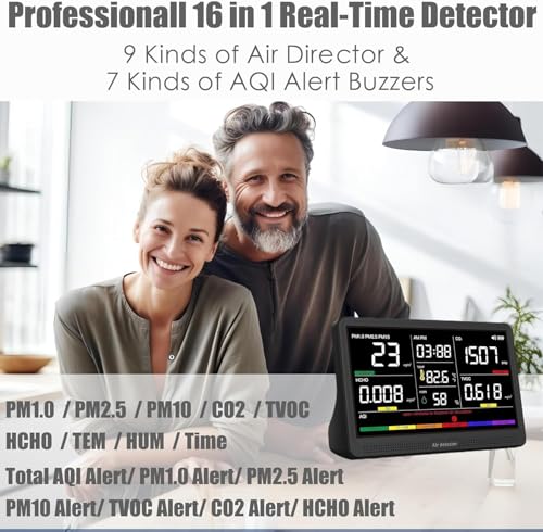 Professional Indoor Air Quality Monitor with 7X AQI Beep Alarms,16 in 1 Portable Real-Time Detector for PM2.5 | PM10 | CO2 | TVOC | HCHO | Temp | Hum for Home Cars Plants Pets (Smoke Black)