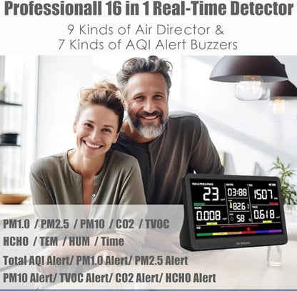 Professional Indoor Air Quality Monitor with 7X AQI Beep Alarms,16 in 1 Portable Real-Time Detector for PM2.5 | PM10 | CO2 | TVOC | HCHO | Temp | Hum for Home Cars Plants Pets (Smoke Black)