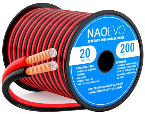 NAOEVO 20 Gauge Wire 2 Conductors, CCA Red Black Electrical Wire, 200FT | Flexible, High Conductivity & Wear-Resistant 20 AWG Wire with PVC insulation for Automotive, Speaker, LED, Marine, 12V/24V DC - size: 200ft, style: 20AWG