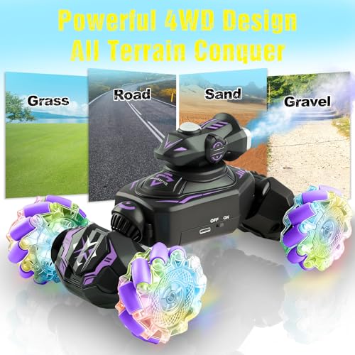 Gesture Sensing Remote Control Car, RC Cars Toys for Boys Age 6-12, 4WD Hand Controlled Twist & Transform 360° Spins Stunt Car with Mist, Light & Music, 8-10 Year Old Boys Birthday Gift Purple - color: Purple
