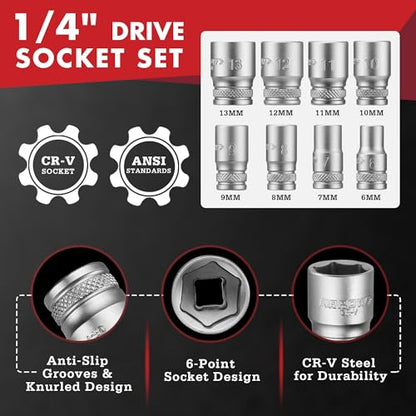ARROW 48-Piece 1/4" Screwdriver Bit & Socket Set, S2 Steel Drill Bits | Color-Coded Bits with Magnetic Bit Holder, 6–13mm CRV Sockets, Compatible with Power Drill, Screwdriver & Mini Ratchet Wrench - style: 48 PCS Screwdriver Bit & Socket Set