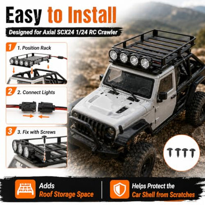 RC Metal Roof Rack Luggage Carrier for Axial SCX24 1/24 RC crawle rwith Four White LED Lights 4.3 x 2.6in for Enthusiasts Scale Model Hobbyists - size: Round Lamp