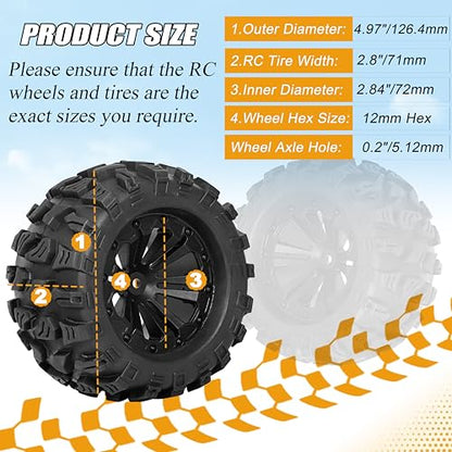 12mm Hex RC Wheels and Tires 1/10 Scale 2.8 RC Truck Tires Wheels for Traxxas Rustler Stampede Hoss 2wd 4x4 vxl Tires Wheels Arrma Tires Wheels Redcat Volcano Tires Preglued