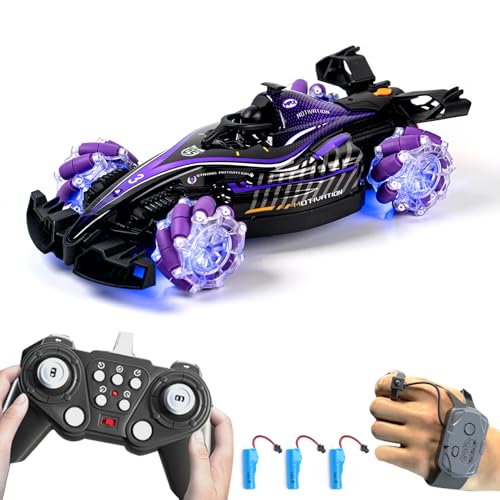 RC Stunt Car, Gesture Sensing Remote Control Car with Sound Lights and Spray, 2.4GHz 4WD 360° Rotating RC Cars with 3 Batteries for Teens (Purple) - color: Purple, size: 3 Batteries