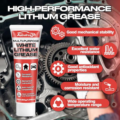 AstraVox White Lithium Grease, Multi-Purpose Lubricant Lithium Grease | with Brush for Hinges, Bearings, Gears, and Garage Doors, Ideal for Automotive, Marine, Industrial, and Household Use (1)