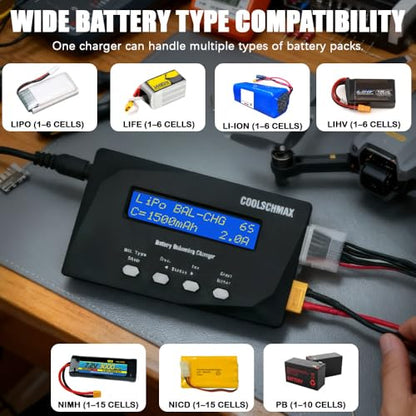 Balance Battery XT60 Charger Discharger, Cell Meter Resistance Tester for 1-6S LiPo, LiFePO4, Li-ion, LiHv, 1-15S NiMH, NiCd, 1-10S Pb, for Drone RC Car