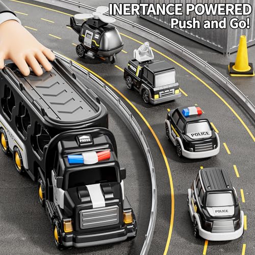 JUKUDAHU Police Truck Toy for Boys 4-8 Years Old - Carrier Vehicle Toy Set | 3 Small Cars and 1 Helicopter, Kids Firction Powered Police Car Toy for Age 3-9, Sound and Light, Gifts for Boys and Girls - style: 5 IN 1 Police Truck