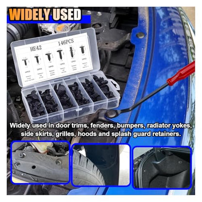 146PCS Auto Body Shield Retainer Fastener Clip Assortment Kit, 6 Popular Sizes Nylon Fenders Bumper Clips with Fastener Remover, Blind Rivets Double End Xmas Tree Retainer Rocker Moulding Clips