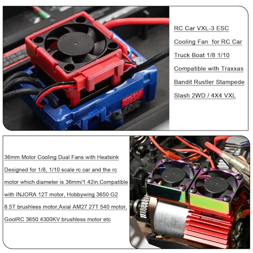 VXL-3s ESC Cooling Fan and Motor Cooling Fan 28000 RPM Dual Fan Set Upgrade for 1/10 Traxxas Slash 4x4 Stampede 4x4 Rustler 4x4 VXL Hoss 4×4 Velineon VXL 3s Heat Sink Replace #3340, Red - style: SRQ-Red Red