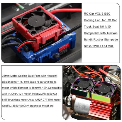 VXL-3s ESC Cooling Fan and Motor Cooling Fan 28000 RPM Dual Fan Set Upgrade for 1/10 Traxxas Slash 4x4 Stampede 4x4 Rustler 4x4 VXL Hoss 4×4 Velineon VXL 3s Heat Sink Replace #3340, Red - style: SRQ-Red Red